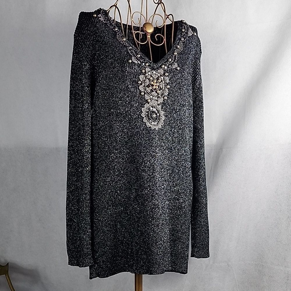Metallic Beaded Sequin V Neck Sweater Size L
